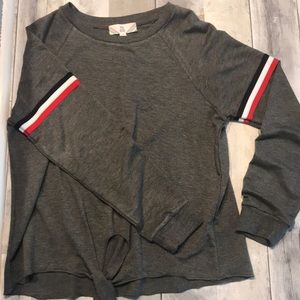 Grey Sweatshirt with Red and White lined Sleeve